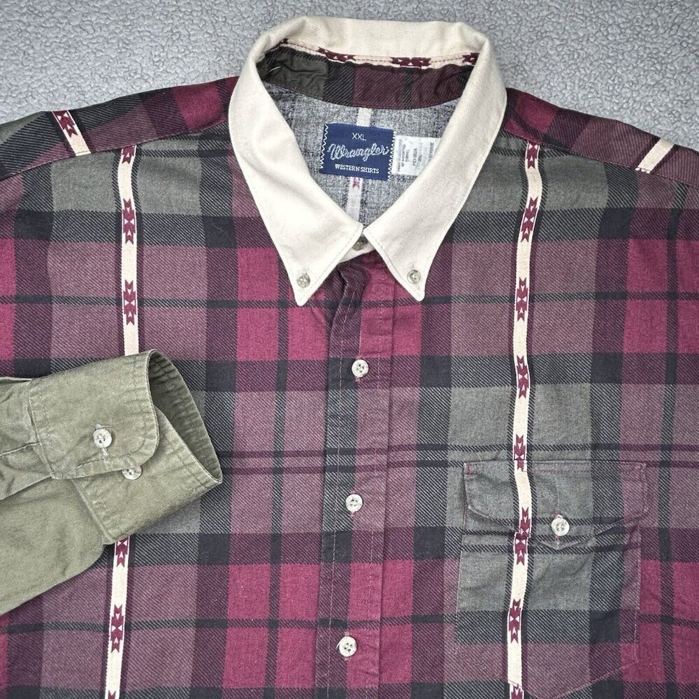 Vintage Wrangler Shirt Mens XXL Aztec Plaid Red Green Western Cowboy Colorblock